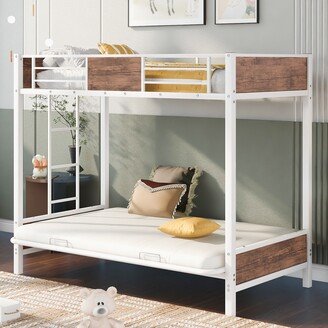 IGEMAN Twin-over-Futon Metal Bunk Bed Functional Sofa-like Daybed Frame with Guardrails and Ladder