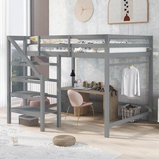RASOO Full Size Loft Bed Wood Kids' Beds with Built-in Storage Staircase & Hanger for Clothes