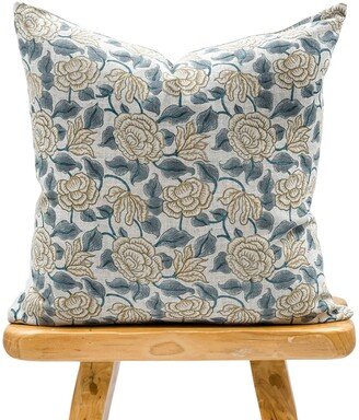 Designer Floral Teal Blue With Mustard On Natural Linen Pillow Cover, Cover, Decorative Throw Pillow, Pillow Cover