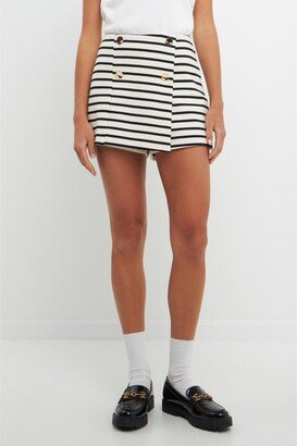 Women's Striped Knit Skort with Button - Cream/black