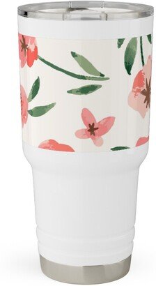 Travel Mugs: Scattered Watercolor Spring Flowers Travel Tumbler, 30Oz, Pink