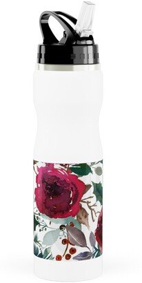 Photo Water Bottles: Holiday Florals Red On White Stainless Steel Water Bottle With Straw, 25Oz, With Straw, Multicolor