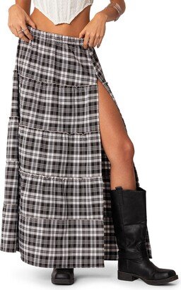 EDIKTED Plaid Tiered Slit Maxi Skirt