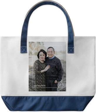 Large Tote Bags: Sweet Floral Border Large Tote, Navy, Photo Personalization, Large Tote, White