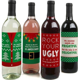 Big Dot Of Happiness Ugly Sweater - Holiday and Christmas Wine Bottle Label Stickers - 4 Ct