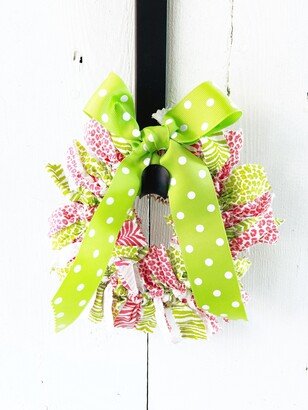 Animal Print Rag Wreath, Everyday Farmhouse Decor, Year Round Front Door Pink & Green Wreath