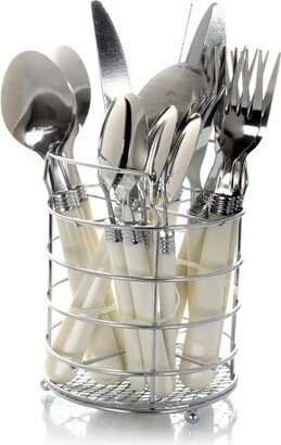 Sensations II 16 Piece Stainless Steel Flatware Set with White Handles and Chrome Caddy