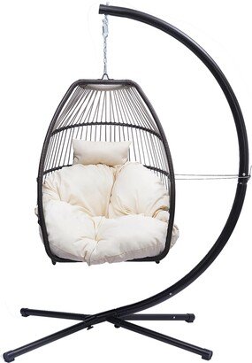 Beige C-Bracket Rattan Swing Hammock Egg Chair