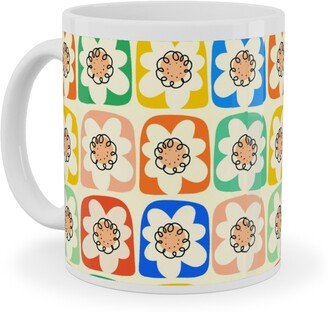 Mugs: Abstract Retro Flower Doodle Squares - Multi Ceramic Mug, White, 11Oz, Multicolor