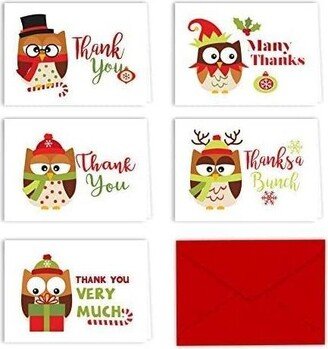 Paper Frenzy Christmas Owls Holiday Thank You Note Cards and Envelopes - 25 pack