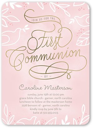 First Communion Invitations: Dignified Banner Girl Communion Invitation, Pink, 5X7, Standard Smooth Cardstock, Rounded