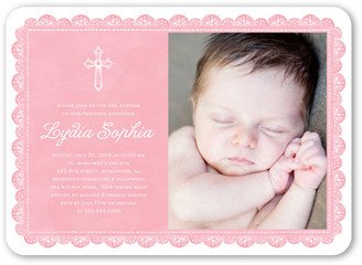 Baptism Invitations: Delicate Lace Girl Baptism Invitation, Pink, Matte, Signature Smooth Cardstock, Rounded