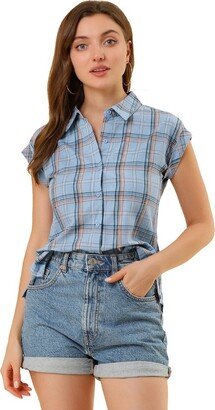 Allegra K Women's Summer Plaid Short Sleeves Button Down Shirt Blue X-Large