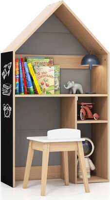 Kids House-Shaped Table & Chair Set Wooden Toy Organizer Cabinet