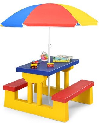Kids Portable Picnic Table Bench Set with Removable Umbrella