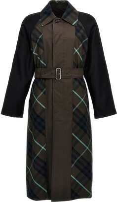 Check-Plaid Belted Reversible Trench Coat