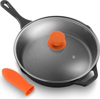 NCCI12 12 Inch Pre Seasoned Nonstick Cast Iron Skillet Frying Pan Kitchen Cookware Set with Tempered Glass Lid and Silicone Handle Cover