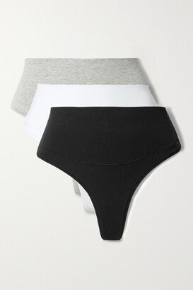 Control Set Of Three Stretch-cotton And Modal-blend Jersey Thongs - Black