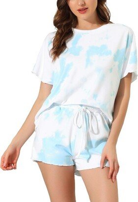 cheibear Women's Tie Dye Short Sleeves Sleepshirt with Shorts Lounge Pajama Set Blue Large