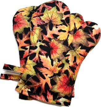 Oven Mitts Set Of 2 Autumn Leaves, Orange, Green, Black