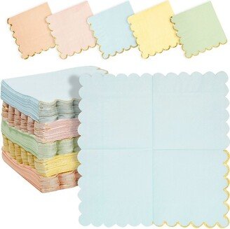 Sparkle and Bash 150 Pack Scalloped Gold Foil Cocktail Paper Napkins for Party Supplies, 5 Pastel Colors, 5x5 in