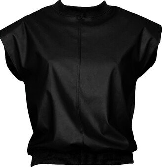 Lalipop Design Vegan Leather Padded Sleeveless Black Blouse