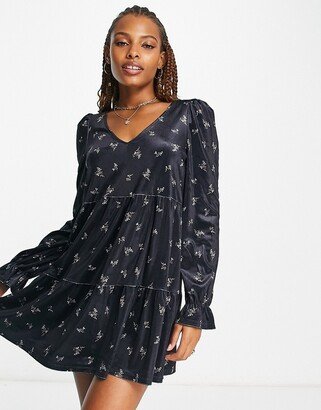 velvet smock mini dress in black floral