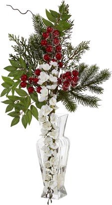 Wisteria, Iced Pine and Berries Artificial Arrangement in Glass Vase, 25