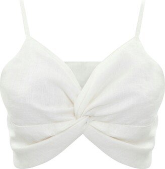 Kk White Linen Marta Crop Top - Elegant Relaxed Fit, Breathable V-Neck, Summer Essential