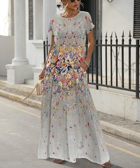 Gray Floral Short-Sleeve Maxi Dress