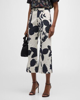 Cyanotypes Floral-Print Cropped Wide-Leg Pants