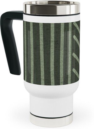 Travel Mugs: Mudcloth Weaving Line - Green Travel Mug With Handle, 17Oz, Green