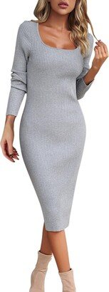 Fall Dresses for Women 2023 Square Neck Wrapp Dress Long Sleeve Soft Sweater Dress Casual Ribbed Bodycon Maxi (Grey