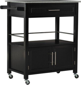 Cameron Granite Top Storage Drawer Cabinet and Open Shelf and Locking Wheels Kitchen Cart