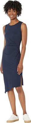 Solid Crew Neck Drape Dress (Midnight Blue) Women's Clothing