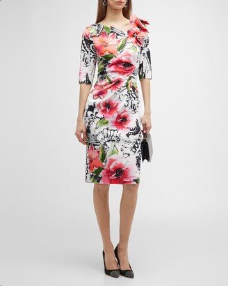 Ruched Floral-Print Bodycon Midi Dress