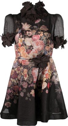 Floral-Appliqué Tied-Waist Minidress