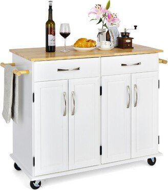 4-Door Rolling Kitchen Island Cart Buffet Cabinet w/ Towel Racks Drawers White