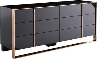 6 Drawer Wooden Dresser with Metal Frame and Handles, Black and Gold