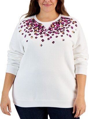 Plus Size Crewneck Floral-Print Sweatshirt, Created for Macy's - Winter/Pink