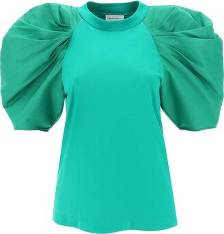 Ruched Puff-Sleeved T-Shirt-AA