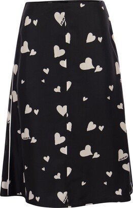 Bunch Of Hearts Print Silk Flared Skirt