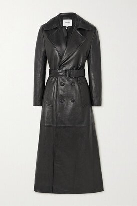 Sleek Belted Leather Trench Coat - Black