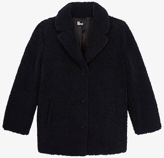 Womens Navy Notched-lapel Slip-pocket Faux-fur Coat