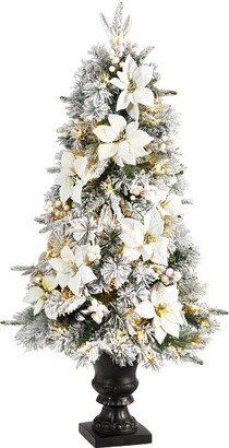 4-ft Flocked Artificial Christmas Tree with 223 Bendable Branches and 100 Warm Lights in Decorative Urn