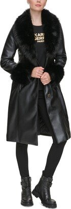 Women's Faux-Fur-Trim Faux-Leather Coat-AA