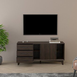 IGEMAN Contemporary TV Stand Modern TV Console Table with Sliding Doors and 3 Drawers in Dark Brown, Suitable for Living Room