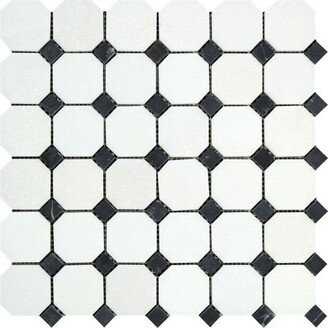 Thassos White Marble Honed Octagon Mosaic Tile with Black Dots