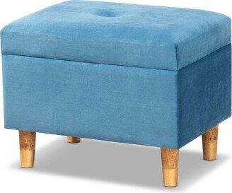 Elias Velvet and Wood Storage Ottoman Blue/Oak