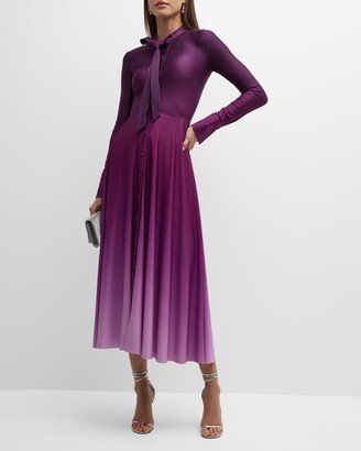 Long-Sleeve Button-Front Ombre Jersey Maxi Dress